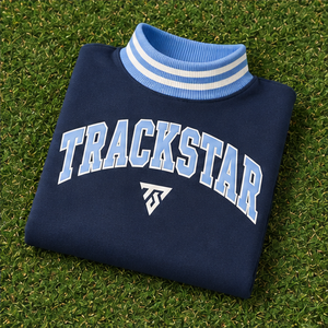 Women's Dark Blue Mock Neck <b>Sweatshirt</b> with <b>White</b> Striped Trim Varsity Letters Long Trackstar OEM Private Label - Product Image 6