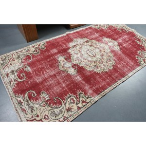 Tapis turc vintage 4,4x8,4 pieds, rouge beige, en laine, fait main, écologique, patchwork traditionnel, design abstrait, 10 mm, en latex, pour entrée - Product Image 2