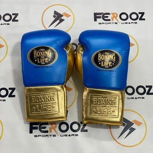 Professional Adjustable Lace-Up Genuine Leather Boxing <b>Gloves</b> Moisture Wicking Customized Golden Blue Colors for Gym Sparring - Product Image 4