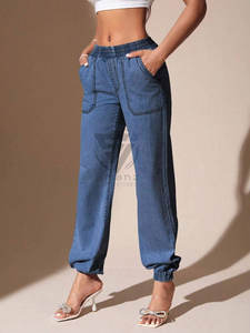 Vaqueros casuales de mezclilla para mujer, de corte recto y pierna ancha, transpirables, azules lavados - Product Image 5