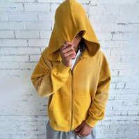 Sweat à capuche zippé personnalisé en tricot gaufré pour homme, jaune moutarde, thermique, coupe oversize, streetwear, épais, pour grossistes et fabricants