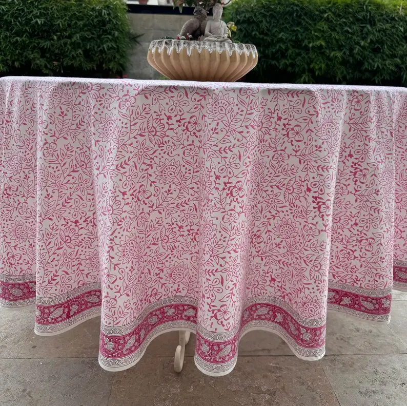 라운드 식탁보 로즈 핑크 자알 인디언 핸드 블록 인쇄 테이블 커버 빈티지 프랑스 식탁보 식물 인쇄 가정 및 생활