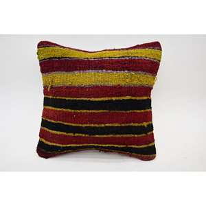 Multicolor Wool Kilim Patchwork Pillow 12x12 Inches Subtle <b>Striped</b> Pattern Vintage Leaves Decorative <b>Cushion</b> for Sofa - Product Image 1