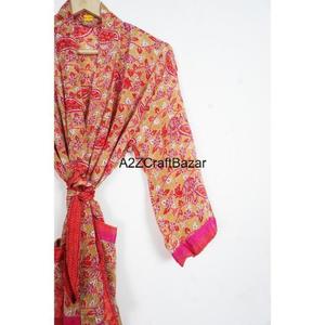 Robe longue bohème en patchwork de sari en soie 100% faite à la main pour femmes, col en V, cordon de serrage, manches longues, douce, hiver, automne, été - Product Image 3