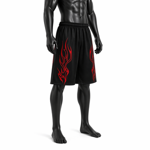 Pantalones Cortos Deportivos Casuales para Hombre, Personalizados, Negros, Estilo Urbano, OEM ODM, con Estampado de Llamas Rojas, Cintura Elástica, Corte Holgado - Product Image 3