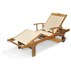 Natural Teca Madeira Sun Espreguiçadeira De Madeira Chaise Lounge Com Creme Sling Tecido com Braço e Deslizante Bandeja Outdoor Furniture