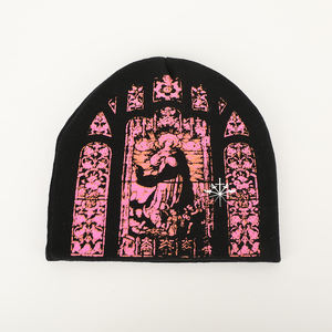 Logotipo personalizado acrílico Jacquard patrón Hip-pop estilo callejero invierno Skully Y2K Beanie Hat sin puños de punto exterior con patrón de cabeza - Product Image 3