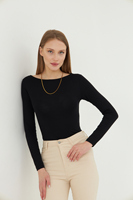 Camiseta de Punto de Manga Larga con Cuello Redondo para Mujer, Color Negro, Corte Ajustado, Estilo Minimalista, para Todas las Temporadas