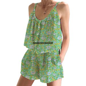 Conjunto de Pijama Corto de Algodón con Estampado Floral Hecho a Mano para Mujer, Primavera/Verano, Conjunto de Pijama Ajustado sin Mangas con Tirantes - Product Image 2