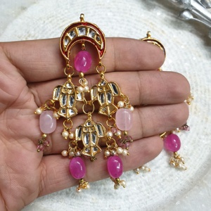 Boucles d'oreilles à perles rose vif Kundan - Product Image 4