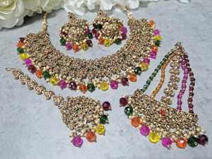 Chapado en oro alto diseñador indio paquistaní Kundan joyería boda fiesta desgaste gargantilla collar pendientes conjuntos de joyería para mujer - Product Image 2