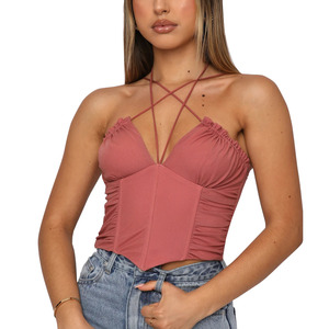 Women's Stylish Sexy Sleeveless Crop <b>Tops</b> Summer Y2K Camisoles Halter Tank <b>Top</b> Bandage Stripped Neck Women's Knitted Corset Vest - Product Image 1