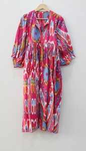 Summer Casual Ikat Long Block Print Midi Dress Deep Neck avec String Closer Loose Silhouette Natural Waistline - Product Image 6