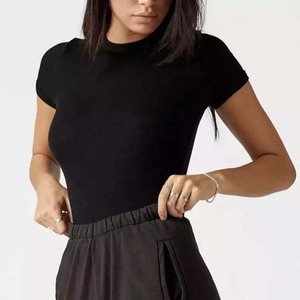 2025 verano logotipo personalizado negro en blanco liso camisetas de alta calidad Algodón poliéster básicos cuello redondo Camiseta ajustada para mujer - Product Image 2
