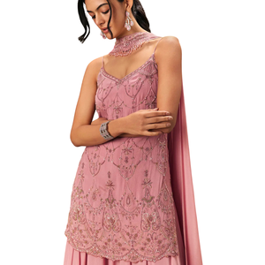 Chinon Kurti bordado rosa con conjunto Palazzo, venta al por mayor de Ropa Étnica para mujer, proveedor de fábrica de ropa OEM, traje de fiesta personalizado - Product Image 4