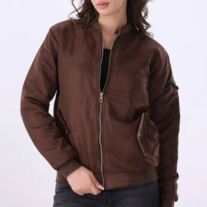 Chaqueta Bomber Marrón Chocolate para Mujer, Diseño Clásico con Cremallera Completa, Bolsillo Utilitario en el Brazo, Prenda Exterior Informal Ligera, Moda Otoñal - Product Image 1