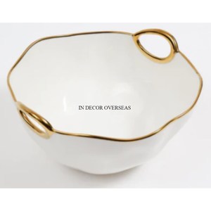 Tazón de metal de la mejor calidad con acabado de esmalte de color blanco con bordes superiores chapados en oro y asas, suministros para cuencos decorativos y para servir - Product Image 1