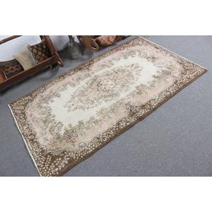 Vintage Turkish Rug, 3.8x6.5 ft Area Rug, <b>Brown</b> Pink Check <b>Wool</b> Rug - Product Image 2