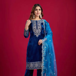 Ropa de boda india de Bollywood para mujer, parte superior e inferior de trabajo bordada con Secuencia de terciopelo viscosa con Dupatta de seda de Organza - Product Image 1
