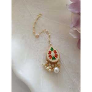 Elegant Gold Teardrop Maang <b>Tikka</b> with Pearl Dangle Traditional Indian Bridal <b>Headpiece</b> Statement Forehead Jewelry - Product Image 2