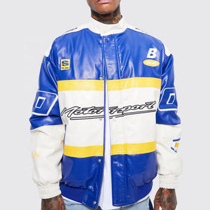 Nueva chaqueta de moto de cuero con estampado retro de color azul OEM, chaqueta de carreras de cuero con parche de logotipo OEM para hombre - Product Image 3