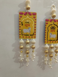Hecho a mano Shubh Labh vaca pared colgante Festival indio decoración puerta de entrada Toran Diwali Puja decoración Laxmi Ganesh bendición - Product Image 3