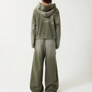 Chándal para hombre, pantalones de chándal acampanados con lavado ácido Vintage y conjuntos de Sudadera con capucha, ropa de calle bordada para hombre, chándal, traje recortado con diamantes de imitación - Product Image 4