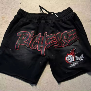 Short bouffant à cordon de serrage streetwear shorts de survêtement en coton lavé à l'acide délavé au soleil pour hommes - Product Image 5