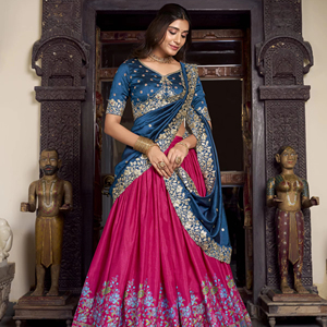 Elegante Lehenga de seda Tasar cosida con lienzo Cancan y juego de seda Vichitra bordada para revendedores y pedidos a granel - Product Image 1