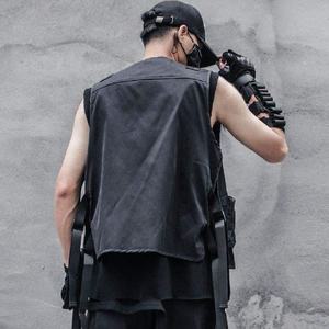 Style punk multi-poches hommes gilet à capuche Streetwear logo personnalisé gilet coupe-vent noir Techwear gilet bouclé fermeture éclair Cargo veste - Product Image 3