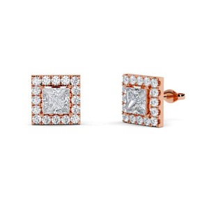 Pendientes de Diamante Fino con Corte Princesa y Halo Simple, 0.60 Ct, Diamante Cultivado en Laboratorio, en Platino, para Novias, Bodas, Compromisos y Fiestas - Product Image 3