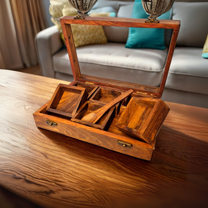 Organisateur d'épices rectangulaire en bois pour la maison, boîte de rangement pour épices style Masala Dabba avec couvercle. 9 compartiments avec dessus en verre, respectueux de l'environnement - Product Image 2