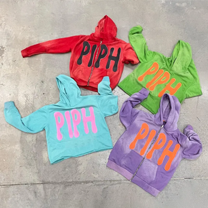 Sweat à capuche d'hiver gris 100 % coton avec grand logo imprimé et bords bruts ornés de strass, logo personnalisé, épais, sans cordons - Product Image 1