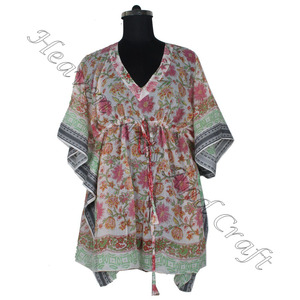 2025 dernières femmes col en V cordon taille mollet longueur courte caftan robe main bloc imprimé caftan à la main indien Caftan Abaya - Product Image 5