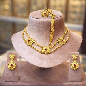 Elegant Gold-Plated leaf Pendant <b>Choker</b> <b>Necklace</b> Set with Matching Earrings | Bridal & Festive Jewelry Model 23233 - Product Image 6