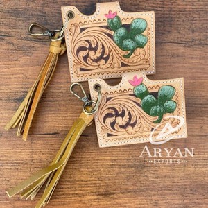 กระเป๋าใส่บัตรหนังแท้ลายดอกไม้มาใหม่พร้อมพู่ห้อยและพวงกุญแจเคสใส่การ์ดขนาดเล็กที่ได้รับแรงบันดาลใจจากตะวันตก - Product Image 1