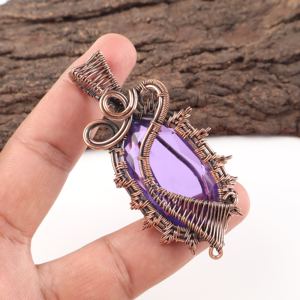 Radiant Oval Cut African Amethyst Gemstone <b>Copper</b> Wire Wrapped Pendant Purple Stone Silver Plated Special Occasion Party Wear - Product Image 3