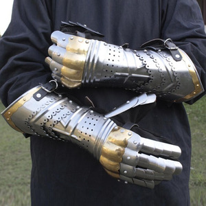 Medieval <b>Silver</b>-Plated Polished Brass Mild Steel Gauntlet Leather <b>Gloves</b> Art & Collectible Metal Crafts - Product Image 2