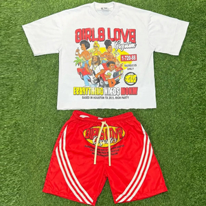 Verano Streetwear estampado gráfico algodón camiseta y pantalones cortos conjuntos Casual 2 piezas conjunto OEM algodón logotipo personalizado impreso pantalones cortos conjuntos - Product Image 6