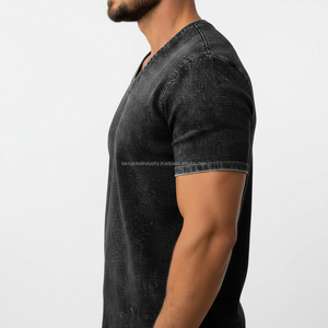 T-shirt col en V en coton lavé coupe ajustée pour homme, noir, vente en gros, commande en vrac, OEM, marque privée - Product Image 3