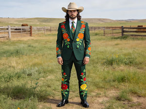 Ensemble de costume occidental beige pour homme, veste de cow-boy et pantalon avec motif de cactus - Product Image 3