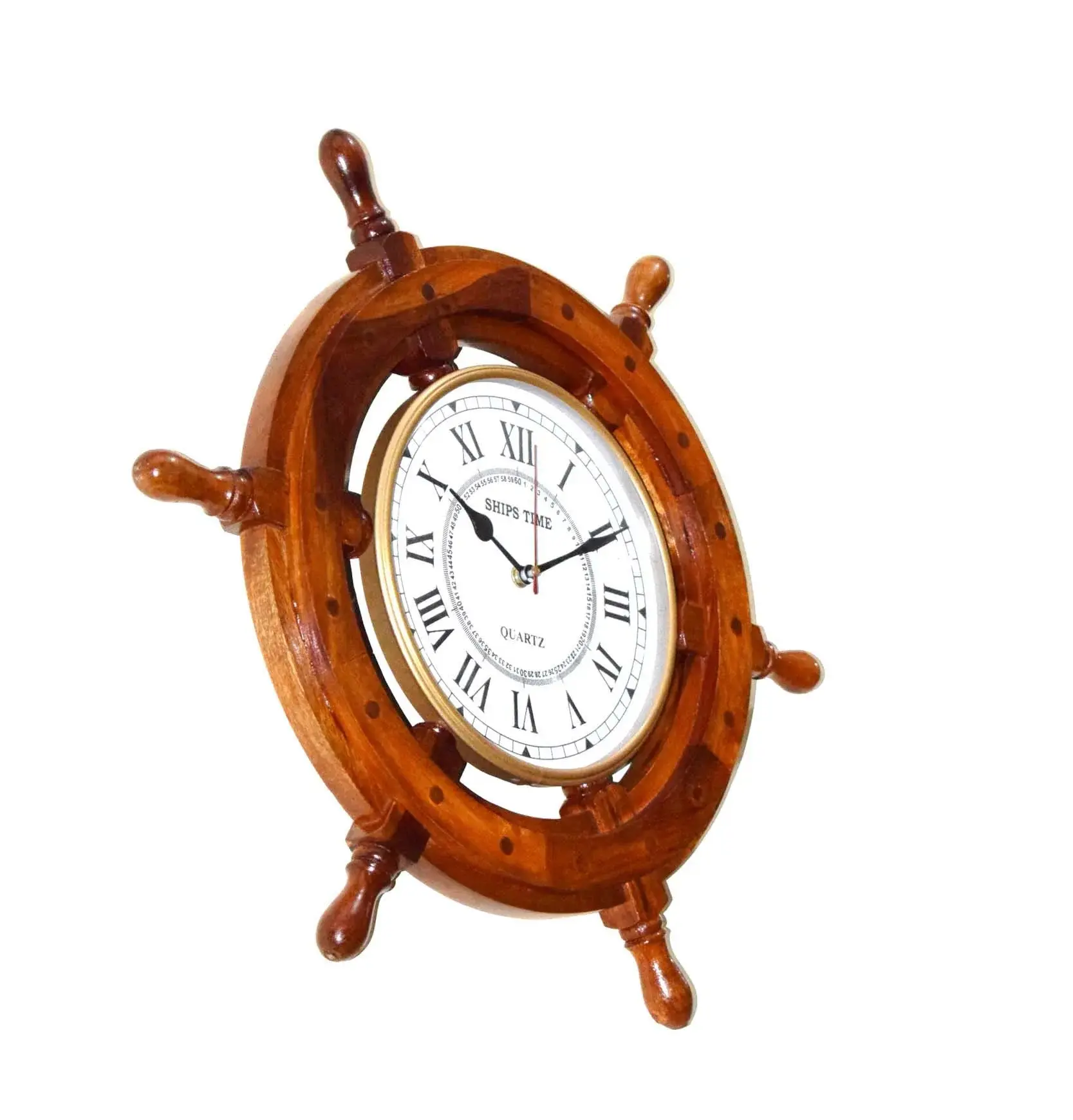 アンティーク仕上げの木製船のホイール掛け壁掛け時計、壁掛け時計、航海スタイルの時計18"