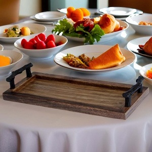 Bandeja de Servir de Madera de Acacia con Asas de Metal, Bandeja para Comida y Bebidas para Mesa de Centro, Desayuno, Cena y Bar, Decorativa Rústica - Product Image 1