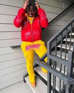 Fabricant de vêtements de rue personnalisés, sweat à capuche zippé et pantalon de survêtement évasé, survêtement baggy vintage en coton avec impression à rayures pour hommes - Product Image 2