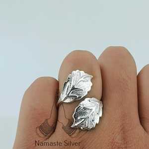 Dual Leaf Sterling <b>Silver</b> <b>Statement</b> <b>Ring</b> Handmade Size Adjustable Design Plant Lover Gift for Her Birthday Anniversary Christmas - Product Image 3