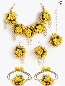 Haldi เครื่องประดับเจ้าสาวดอกไม้สวมใส่ทำด้วยมือสร้อยคอกุหลาบต่างหู Tikka Ring ชุดแต่งงานเทียม - Product Image 6