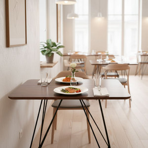 Mesa de Comedor Rectangular de 100x70cm con Patas de Hierro Tipo Horquilla, Estructura de Madera de Acacia y Nogal, Diseño Industrial Minimalista, Ensamblada BA68188 - Product Image 3