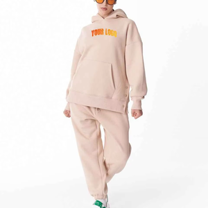 Ensemble de survêtement pour femme en tissu éponge imprimé, sensation premium, long, pour l'hiver/l'automne, sweat-shirt et pantalon en coton mélangé doux, confortable, devant uni - Product Image 1