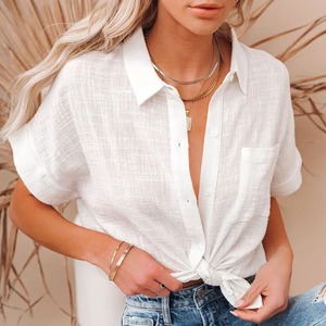 Chemisiers décontractés pour femmes, nouvelle mode, motif uni, coton et lin, manches courtes, blanc, vêtements d'été, boutons, respirant - Product Image 1