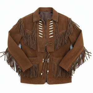 Men's Brown <b>Suede</b> Cowboy Leather <b>Jacket</b> With Fringe Turn-down Collar Casual Autumn Wear Regular Fit - Product Image 2